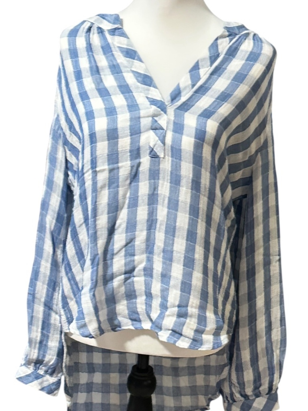 Finley Shirts Blue & White Preppy Gingham Button V-Neck Cotton Blouse  SMALL